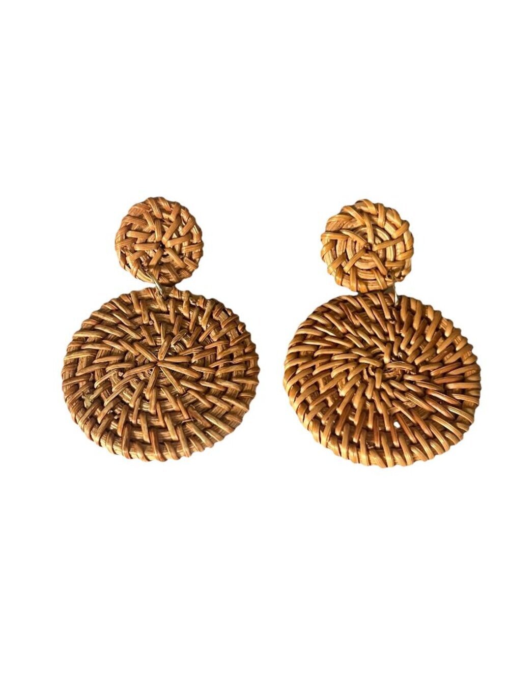 Boho Woven Rattan Circle Drop Earrings Natural Straw Round Statement Lightweight